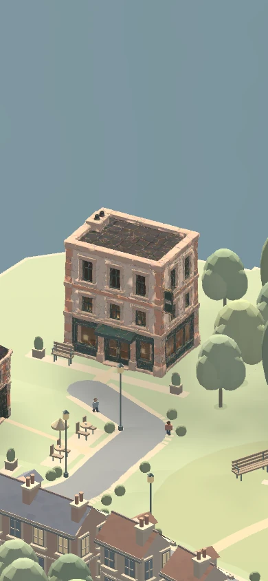 A characterful hotel overlooking a small street with tiny people, trees and café tables